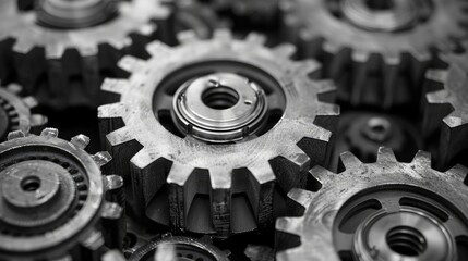Close-up view of complex interlocking industrial gears in black and white