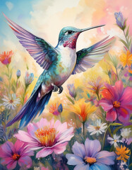 Hummingbird close up on colorful flower collecting pollen and nectar in floral garden.