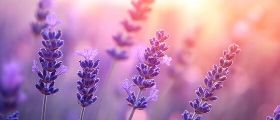 Fototapeta premium Close-up of Lavender Flowers in a Field at Sunset