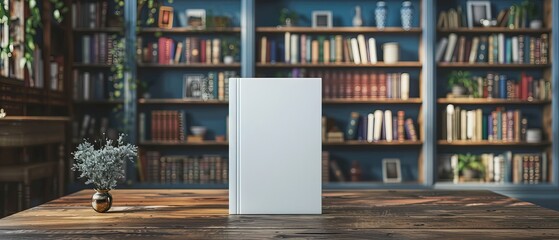 Fototapeta premium Blank book cover template standing on wooden surface againts blue blurred background with book shelfs