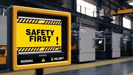 Safety first sign factory industry safety helmet for employee and worker background machine room tone yellow.
