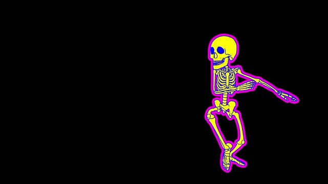 Seamless animation of a ballet dancing skeleton with cartoon effect. Funny Halloween background