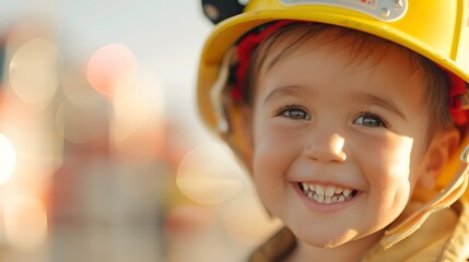 A young child wearing a fireman coat and helmet
