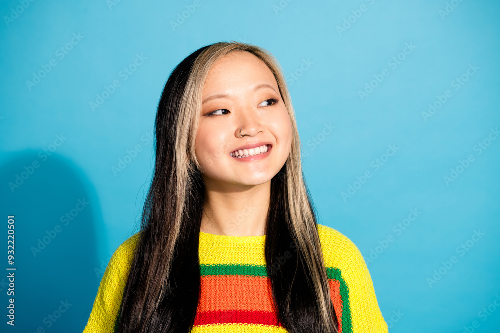 Sticker photo portrait of pretty young girl look empty space wear trendy striped outfit isolated on blue col