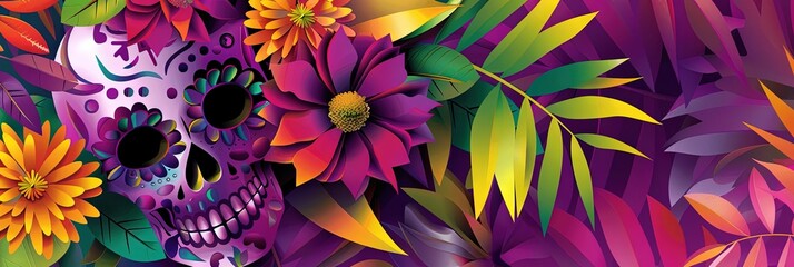 Calavera, floral, colorful, --ar 3:1 --sref 530 Job ID: 38816f96-f1ef-4635-ad11-a5025b1b5171