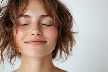 Smiling woman with closed eyes and joyful expression