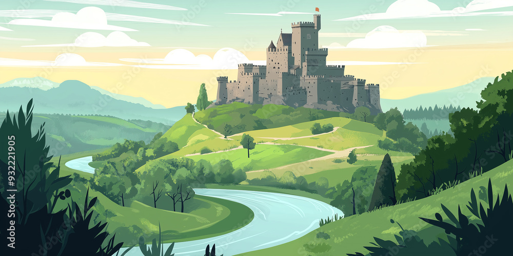 Wall mural Medieval castle perched on a hill, surrounded by forests and a winding river below, flat illustration