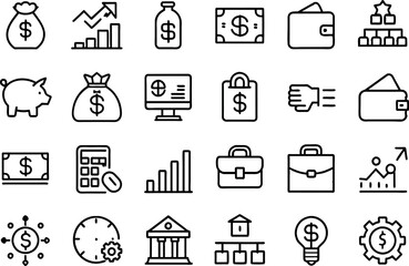 Finance related concept such as Dollar sign, bank, credit card, piggy bank, wallet & many more editable stroke outline icons isolated on white background flat vector illustration