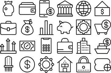 Finance related concept such as Dollar sign, bank, credit card, piggy bank, wallet & many more editable stroke outline icons isolated on white background flat vector illustration