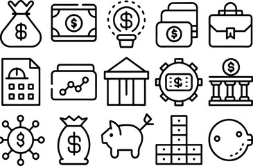 Finance related concept such as Dollar sign, bank, credit card, piggy bank, wallet & many more editable stroke outline icons isolated on white background flat vector illustration