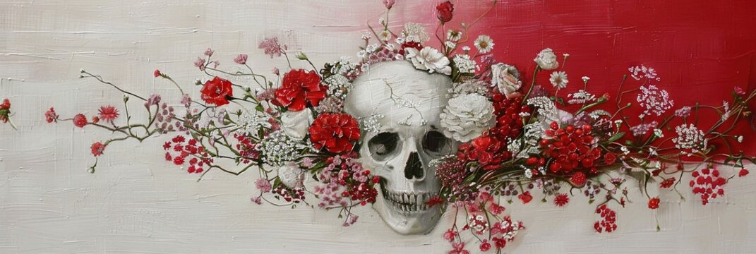 Calavera, floral, colorful, --ar 3:1 --sref 545 Job ID: c569015b-ecf1-4b0f-8c2c-42e218343c4d