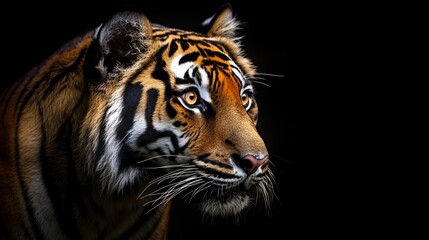 Fototapeta premium Majestic tiger looks intently to the side in a dramatic close-up portrait against a black background.