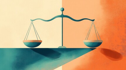 Balanced scales showing concept of justice in abstract setting with orange and cream background