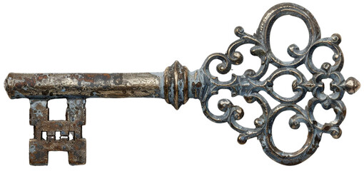 Fototapeta premium Antique Key to the Past: An intricately crafted, rusty key, whispering tales of forgotten secrets and hidden treasures isolated on transparent background.