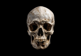 Naklejka premium Detailed human skull against a dark backdrop