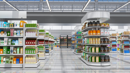 Supermarket interior mockup with aisle between shelving and display of goods. 3d illustration