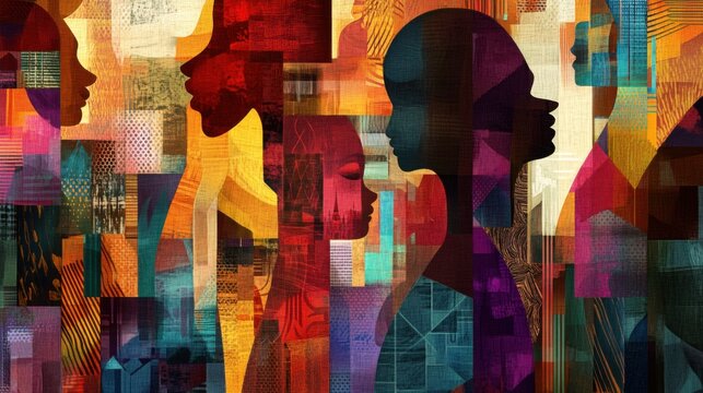 Naklejki Abstract art depicting diverse multiracial family embracing love and unity through colorful patterns.