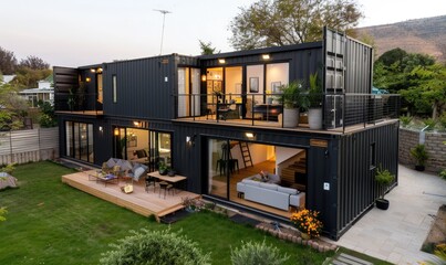 Fototapeta premium Modern Black Shipping Container Home with Open-Concept Living Room, Dining Area, and Kitchenette