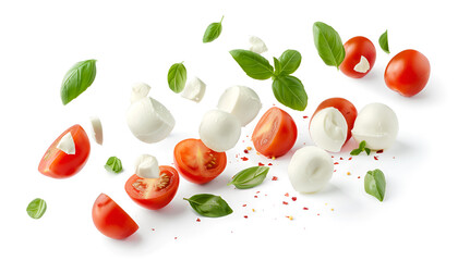 Naklejka premium Falling mozzarella cheese isolated on white background with clipping path, caprese salad ingredients