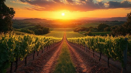 Naklejka premium lush vineyard at golden hour orderly rows of grapevines stretching to horizon sunlight glinting off leaves promise of future vintages