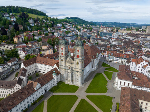 St. Gallen Cityscape Skyline, Abbey Cathedral of Saint Gall in Switzerland in a day. Beautiful Aerial View with drone. 