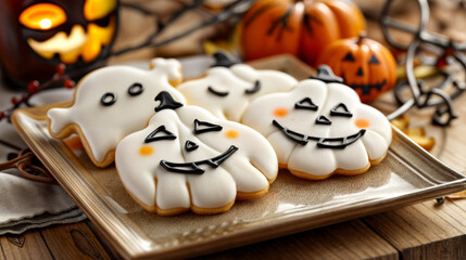 Obraz premium Halloween themed ghost and pumpkin sugar cookies on wooden table with spooky decorations and festive ambiance