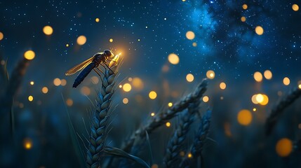 A lone dragonfly perches on a stalk of wheat illuminated by fireflies in a field at night.