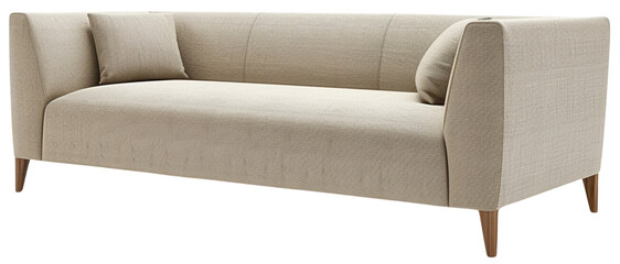 Beige Modern Sofa with Wooden Legs, isolated on transparent background. 