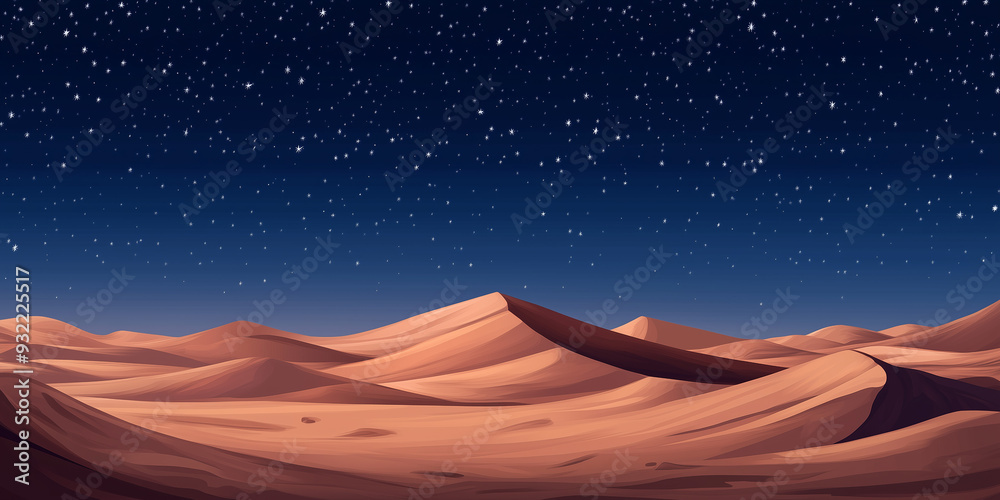 Poster Desert landscape with dunes under a clear sky filled with stars, flat illustration