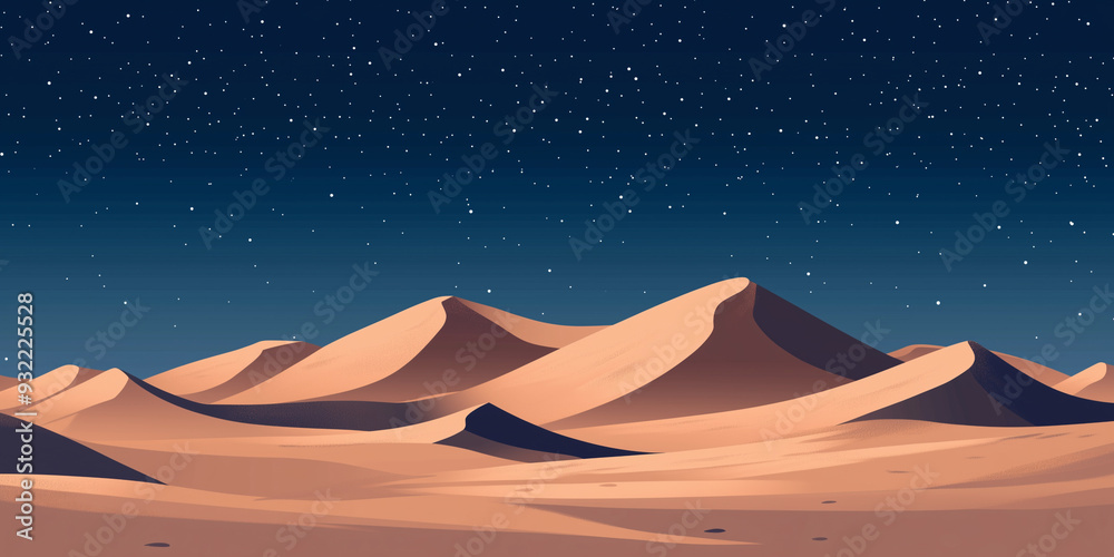 Wall mural Desert landscape with dunes under a clear sky filled with stars, flat illustration