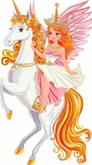A princess on a flying unicorn explores a magical realm under a colorful sky