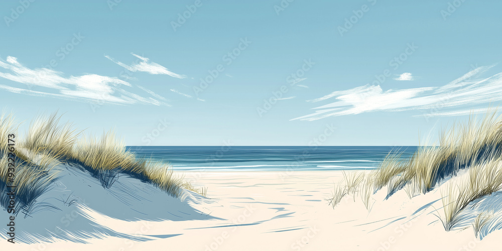 Wall mural sand dunes leading to expansive beach with horizon stretching into the distance, flat illustration