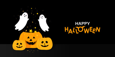 Greeting banner for Halloween. Ghosts fly with pumpkins in the background.