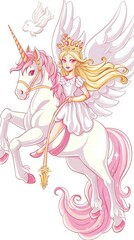 A prince rides a beautiful pegasus unicorn with flowing mane through an enchanting landscape under a bright sky