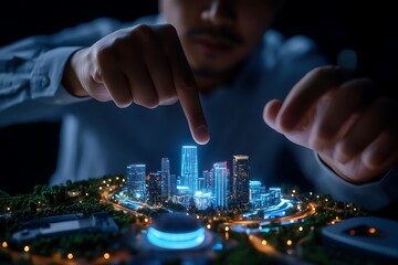 Obraz premium A person manipulating a glowing miniature city model, showcasing innovation and urban design concepts in a dark setting.