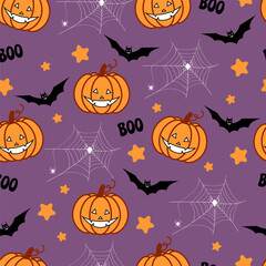 Festive bright seamless pattern for Halloween. Smiling pumpkins, bats, webs with spiders, stars on a bright purple background