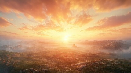   A stunning sunset view of a majestic mountain range with the sun shining brightly in the sky and fluffy clouds in the foreground