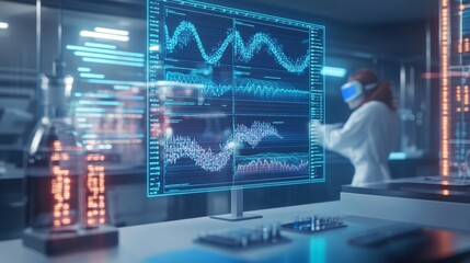 Research lab with digital interfaces displaying genetic data, scientists using augmented reality for analysis, hightech, sleek design, photorealistic