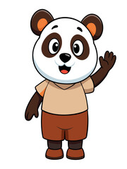 a cute panda wearing brown shorts waving like saying hi