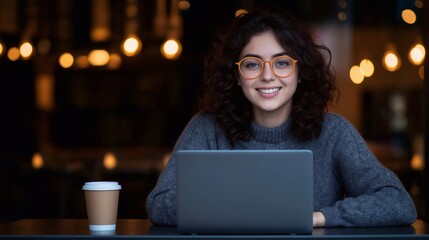 Fototapeta premium Young woman confident business business coach using laptop in cafe. Generative ai 