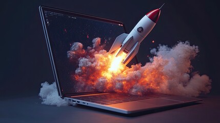 Rocket taking off from laptop screen