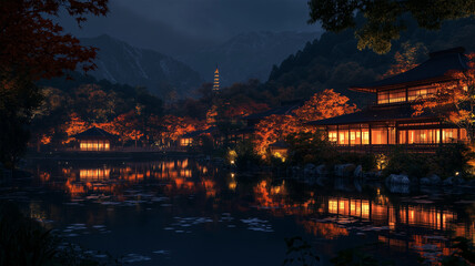 Fototapeta premium 夜の秋景色とライトアップ