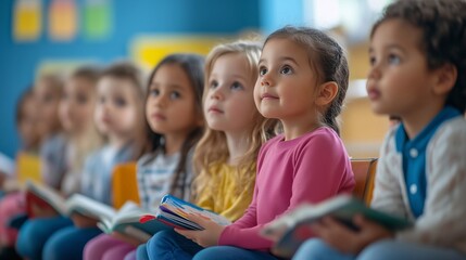 Obraz premium Group of kids students in elemetary school classroom are curious and ready for study new subjects. Generative ai