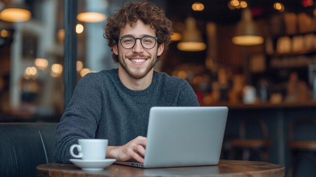 Happy young man student freelancer with his laptop siiting in the cozy cafe. Generative ai 
