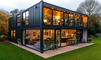 Naklejka premium Modern Black Shipping Container Home with Open-Concept Living Room, Dining Area, and Kitchenette