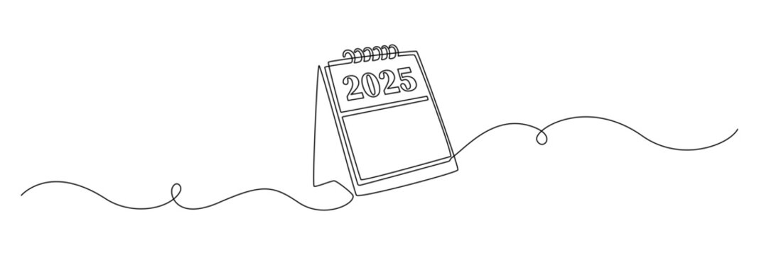Loose-leaf calendar 2025 year in one continuous line drawing. Symbol of memorable date and event day in simple linear style. Time planner agenda concept in editable stroke. Doodle vector illustration