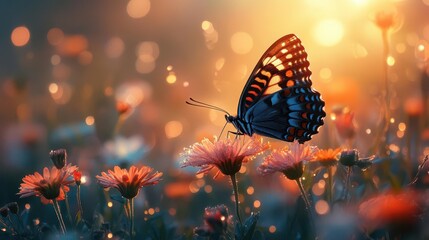 macro photography of wildflowers and butterfly in enchanted meadow magical light rays dewdrops and ethereal bokeh create a fairytalelike natural wonderland