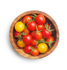 Different colorful cherry tomatoes in bowl isolated on white background.