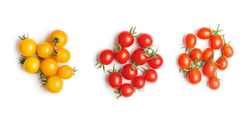 Different colorful cherry tomatoes isolated on white background.