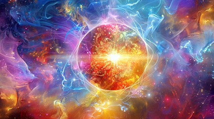 A vibrant cosmic scene depicting swirling colors and a radiant central light.